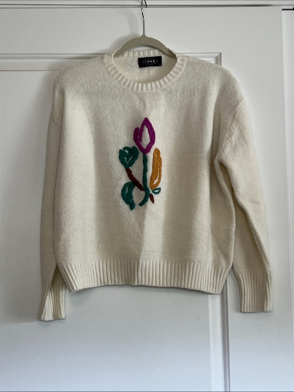 Cider Cream Crewneck Sweater with Multicolor Floral Embroidery